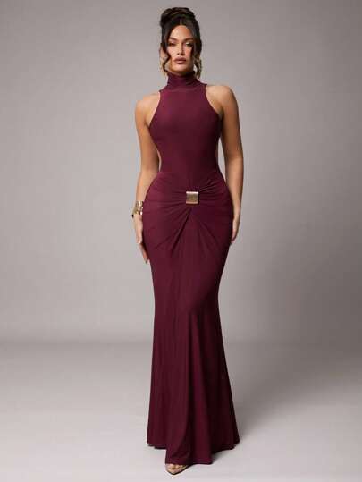 Silquee Women's Elegant Party Long Sleeve Sexy High Neck Backless Dress With Metal Buckle Decor, Available In Burgundy And Brick Red, Made Of Stretchy Knit Fabric, Suitable For Cocktail Party, Romantic Date, Autumn/Winter Casual Wear, Wedding, Bridesmaid, Formal Party, Halloween, Christmas, Dress, Dresses For Women,Summer Dresses For Women,Tea Party Dress