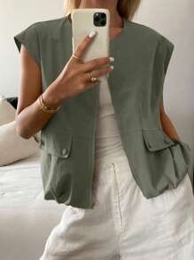 Livesso 女士宽松休闲无袖背心，商务风夏季女装外套，秋季女装大衣 - 軍綠色 - 查看 1