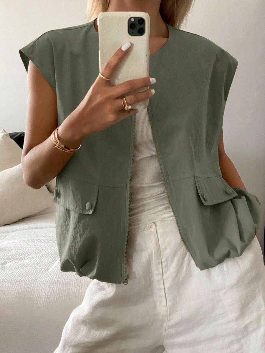 Livesso 女士宽松休闲无袖背心，商务风夏季女装外套，秋季女装大衣 - 軍綠色 - 查看 1