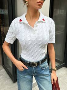 EURMUSE Heart Embroidery Polo Neck Cable Knit Top - White - View 6