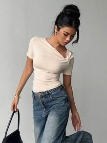 Siren Gaze Women Oblique Collar Short Sleeve T-Shirt, Summer New Design Fitted Casual Top