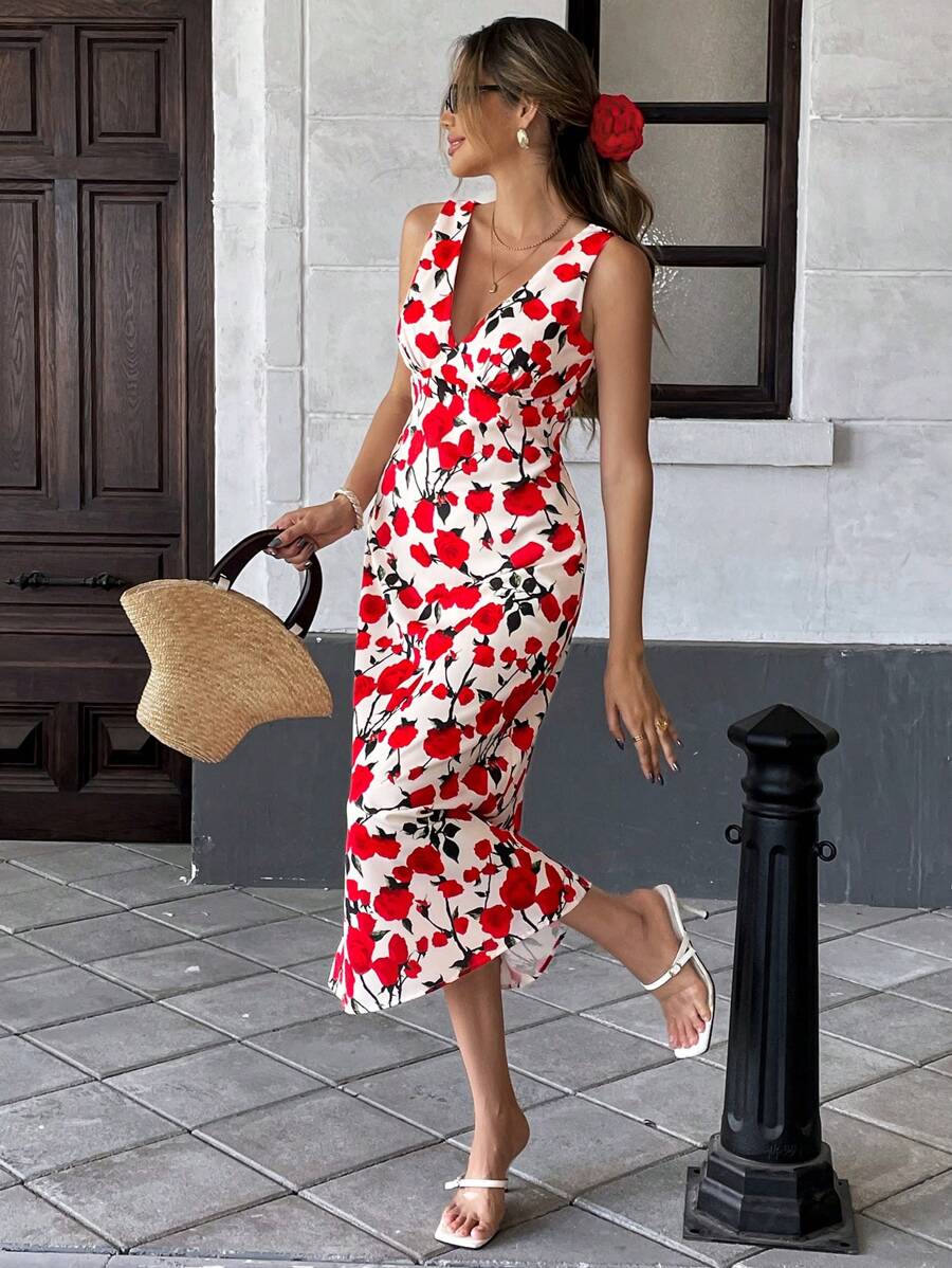 Pariaura 女士时尚休闲度假修身舒适侧开衩长款无袖连衣裙，全身浪漫玫瑰印花，春夏季 - 紅色 - 查看 1