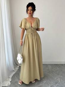 Rafferiza V-Neck Lace-Up Waist In Short Sleeve Loose Elegant Casual Ladies Spring/Summer Vacation Date Dress - Green - View 5