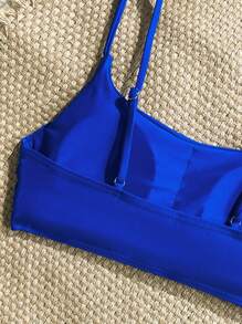SHEIN Swim Áo bikini dây mảnh màu trơn đi biển mùa hè cho nữ - Xanh đậm - Xem 3