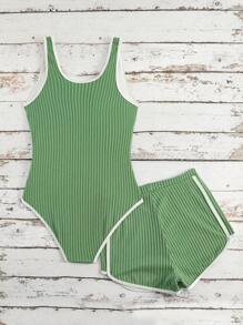 SHEIN Teen Girls Striped Printed Round Neck Sleeveless One-Piece Swimsuit With Cover Up Shorts, Suitable For Summer, Beach, Vacation Young Girls Sets Bathing Suit Set Kids 1 Piece Bathing Suit For Teens Women Bathing Suit Set Bathing Suits Teen Set - Dark Green - View 2