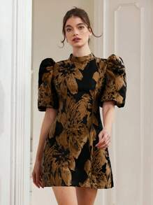 Revavyn Váy ngắn tay bồng màu đen nền đỏ tía jacquard thời trang cao cấp, thắt eo, tối giản, phong cách Boho, kỳ nghỉ, in họa tiết khắp thân váy cho mùa hè, xuân, thu, thu - màu nâu - Xem 5
