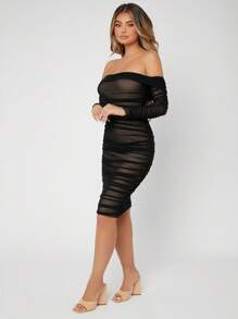 SHEIN SXY Prom Dress;Ruched Off Shoulder Mesh Bodycon Dress - Black - View 4