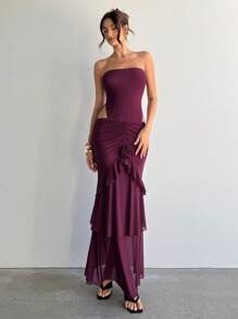 Aloruh Vestido elegante e sexy com decote halter, costas nuas, recortes e bainha com babados, magenta, para sair - Violeta - Visão 5