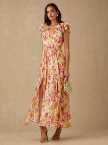 Enchnt Vestido midi de verano para mujer con estampado floral elegante, volantes y abertura en el bajo - Amarillo - Ver 4