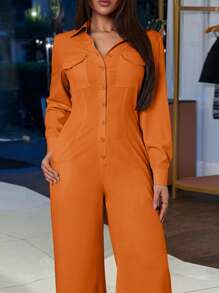 INAWLY Bộ đồ liền thân dài tay có túi cài nút phía trước màu trơn dành cho nữ, thường ngày - trái cam - Xem 7