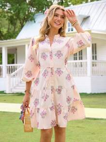 SHEIN LUNE Đầm ngắn thắt eo cổ chữ V in họa tiết cho nữ tay 3/4 - Hồng - Xem 9