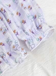 2pcs Baby GirlSoft & Comfy Purple Cute Rabbit Floral Print Top With Embroidered Collar & Back Keyhole Closure,Paired With Pants, Lovely Loungewear Set - Purple - View 4