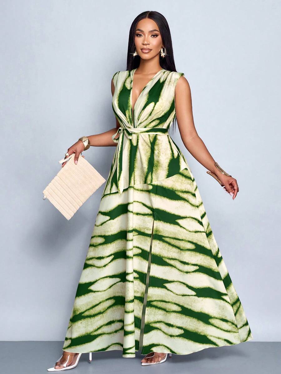 SOLERSUN Women Casual Holiday Deep V Neck Ruched Split Thigh Maxi Dress With Random Floral Print - Green - View 1