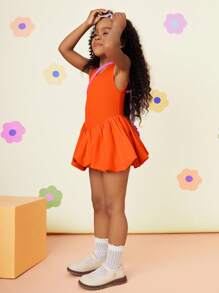 SHEIN Young Girl Solid Color Knit Round Neck Patchwork Woven Snug Fit Dress