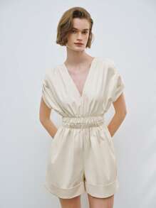 Chiquease Mono arrugado con cuello en V minimalista para mujer - Albaricoque - Ver 3