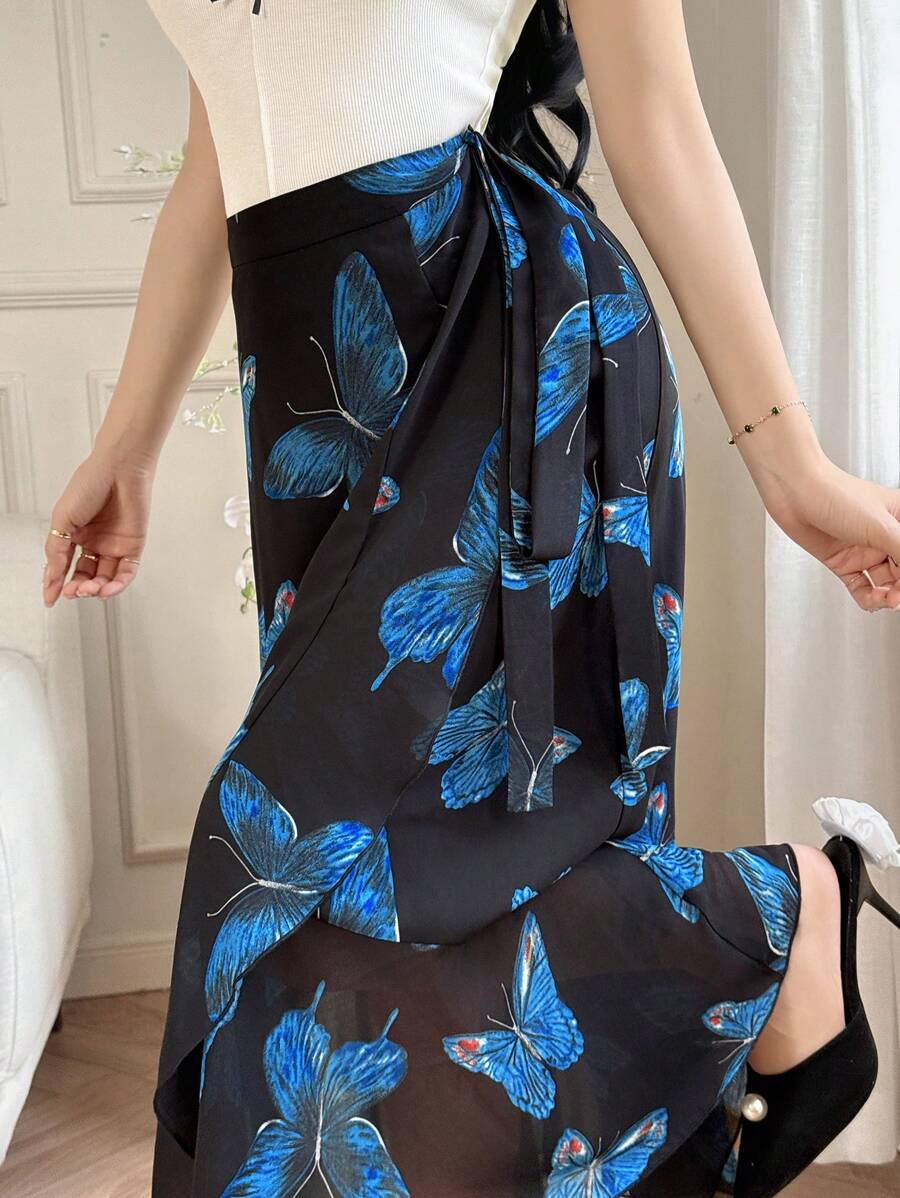 Modelyn 女士蝴蝶印花休闲A字裙，适合夏季 - 彩色 - 查看 1