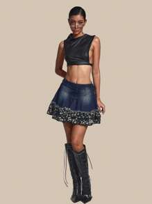SHEIN EZwear Women's Floral Print Denim Mini Skirt With Frayed Hem, Sexy - Blue - View 6
