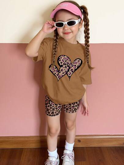 SHEIN 2pcs/Set Girl's Casual Simple Short Sleeve Shorts Set, Suitable For Summer