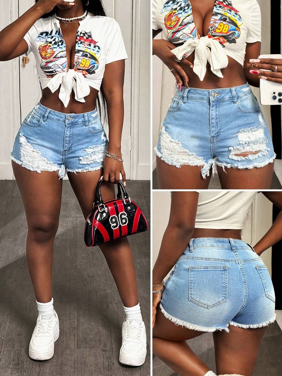 Slaydiva Shorts vaqueros casuales versátiles para mujer con bolsillos, dobladillo deshilachado y desgastados