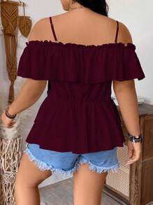 Rometta Áo sơ mi hai dây thiết kế tay bèo nhún lãng mạn màu trơn cỡ lớn Áo peplum Áo sơ mi nữ mùa hè Quần áo mùa hè Quần áo nữ - Màu đỏ tím - Xem 6