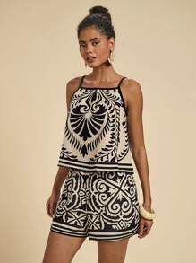 Travachic Women Black& White Print Casual Two Pieces Outfits For Daily Wear,  Vacation Outfits Women, Western Wear Women Island Vacation Outfits,  Suitable For Holiday , Afternoon Tea, Wedding Season, Playa,  Casual, Simple, Beach Cruise Vacation, City Road Trip Vacation, Boho Vacation, Music Festival , Beachwear, Easter, Beach Outfits For Woman, Elegant Tops For Women, Vacation Outfits Women, Concert Outfit Women, Tropical Vacation Woman Clothes, Holiday Outfits, Bohemian Clothes,For Spring Sunmmer And Autumn - Black - View 4