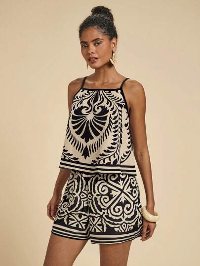 Travachic Women Black& White Print Casual Two Pieces Outfits For Daily Wear,  Vacation Outfits Women, Western Wear Women Island Vacation Outfits,  Suitable For Holiday , Afternoon Tea, Wedding Season, Playa,  Casual, Simple, Beach Cruise Vacation, City Road Trip Vacation, Boho Vacation, Music Festival , Beachwear, Easter, Beach Outfits For Woman, Elegant Tops For Women, Vacation Outfits Women, Concert Outfit Women, Tropical Vacation Woman Clothes, Holiday Outfits, Bohemian Clothes,For Spring Sunmmer And Autumn