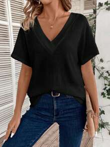 EMERY ROSE Women's Solid Color V-Neck Short Sleeve Casual T-Shirt - Black - View 3
