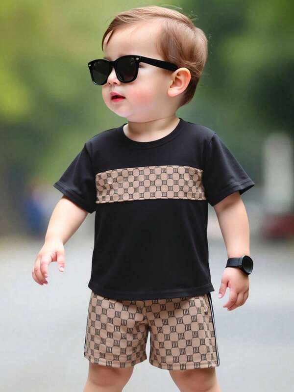 GraphicGems Toddler Boys Casual Fashion Creative Floral Pattern Print Outfit, Short Sleeve T-Shirt And Shorts Set