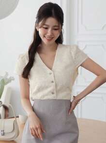 DAZY Plain Fitted Short Sleeve V-Neck Elegant Summer Ladies Blouse - Apricot - View 6