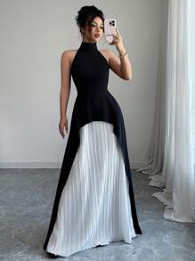 Elenzga Đầm dạ hội thiết kế xẻ tà thanh lịch không tay mới, Xuân/Hè - Đen và trắng - Xem 1