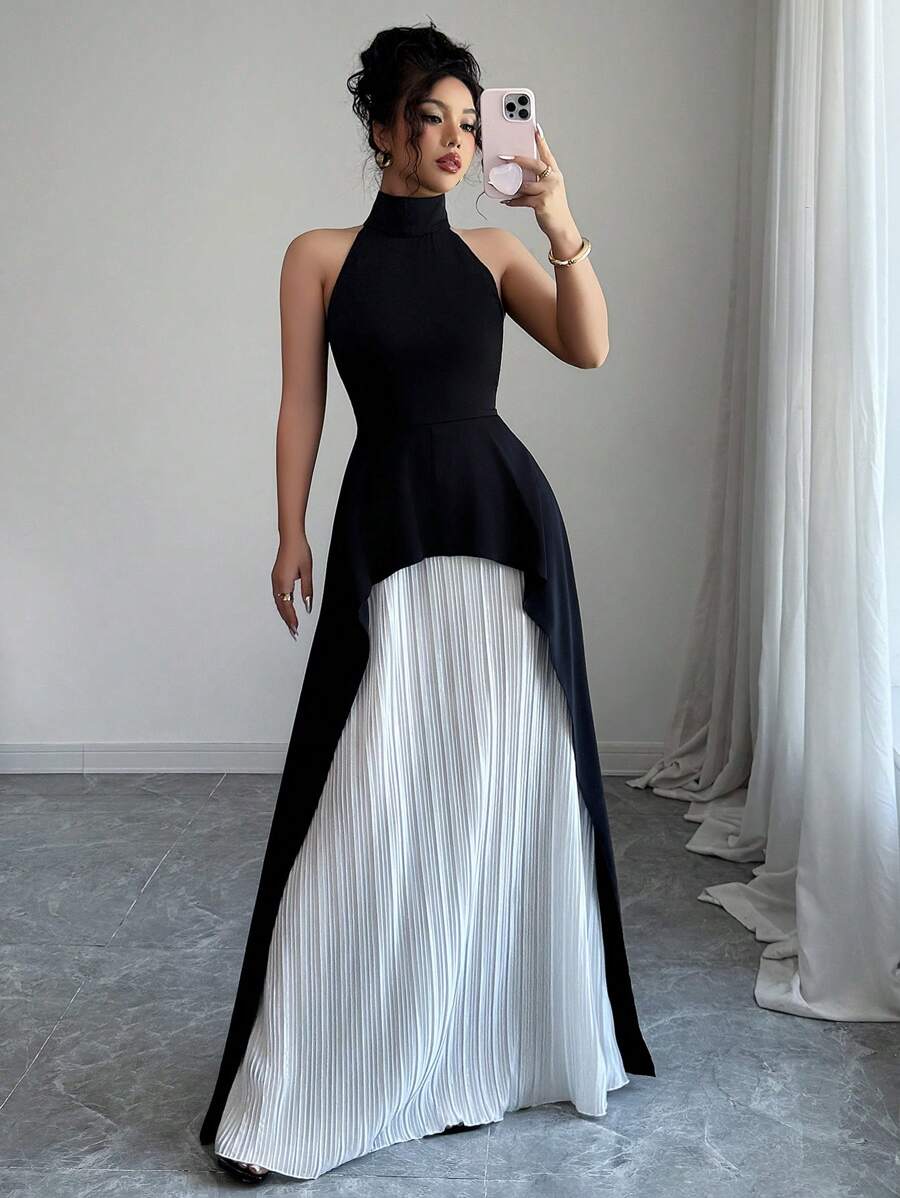 Elenzga Đầm dạ hội thiết kế xẻ tà thanh lịch không tay mới, Xuân/Hè - Đen và trắng - Xem 1