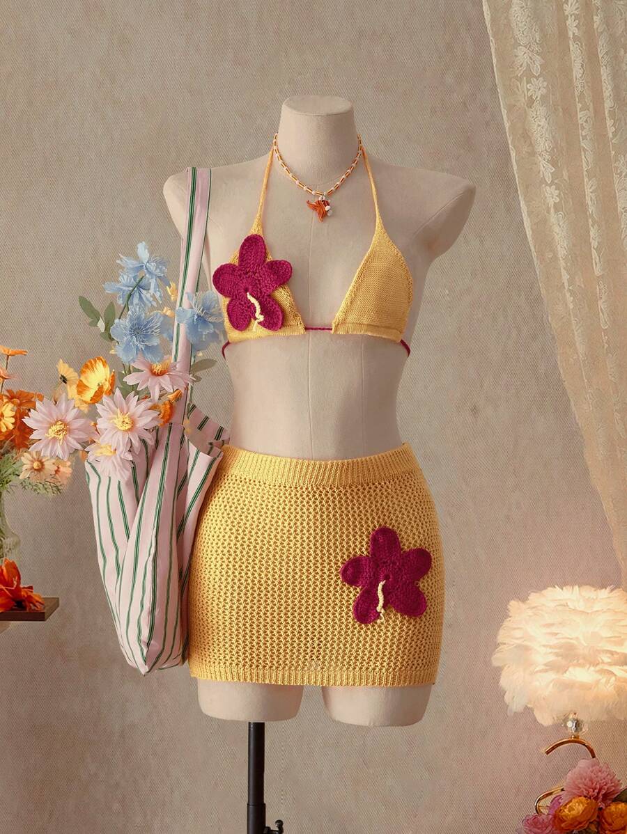 SHEIN Swim 女士针织挂脖罩衫，夏季时尚 - 黃色 - 查看 1
