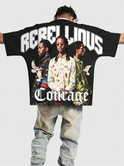 Street Life Camiseta gráfica holgada con hombros amplios y corte cropped para hombre, estilo de ropa urbana vintage