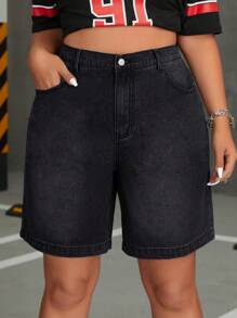 SHEIN ICON 大码复古水洗宽松直筒牛仔短裤，斜口袋，休闲夏日 - 黑色 - 查看 4