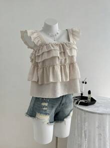 Elin Vora Ruffled Hem Flutter Sleeve Top, Casual & Vacation - Apricot - View 3