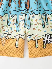 Teen Boys' Ice Cream Print Drawstring Waist Beach Shorts, Placement Print - Brown - View 5