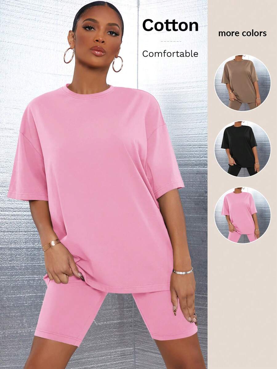 SHEIN SXY Drop Shoulder Solid Top & Biker Shorts Set