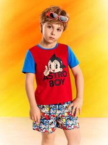 Astro Boy X SHEIN 男童两件套卡通图案红蓝休闲百搭短袖T恤和宽松短裤套装