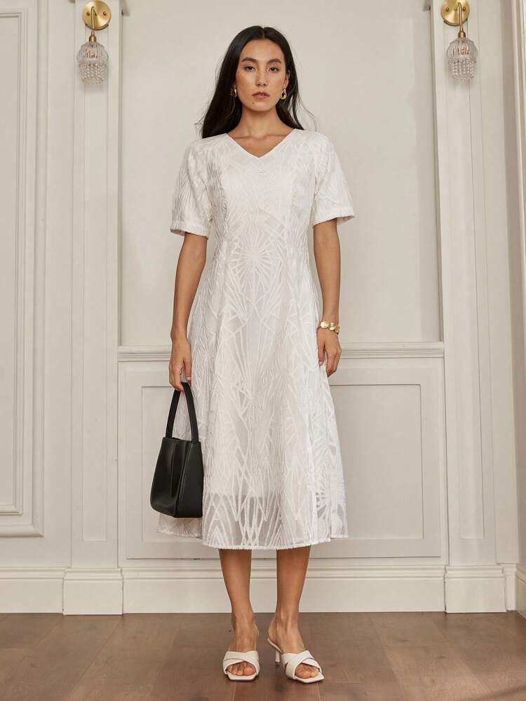 Women Summer Wedding Party Cocktail Dress, Texture Lace & Organza Fabric, Waist Cinched Fit, Elegant V-Neck Short Sleeve Midi Dress Business Casual Women