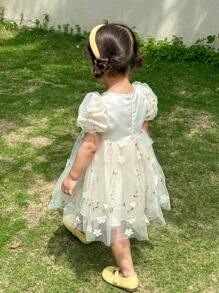 LMoss Kids Baby Girl Woven Tulle Puff Sleeve Round Neck Fitted Dress - Beige - View 2