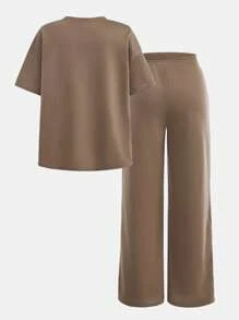 SHEIN Girlism 2pcs/Set Tween Girls Loose Casual Letter Print Woven Label Decor Wide Leg Pants Outfit - Khaki - View 2