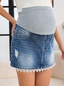 SHEIN 孕妇装牛仔蕾丝拼布破洞口袋牛仔迷你裙 - 中等水洗藍 - 查看 2