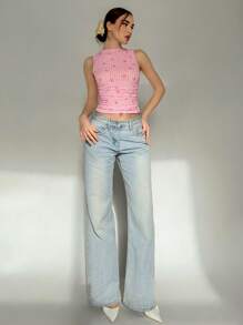 Aloruh 优雅褶饰复古格子印花蝴蝶结印花背心 - 粉色 - 查看 4