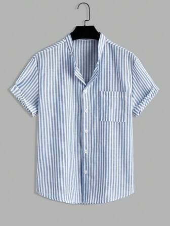 Manfinity RelaxMax Men's Stripe Printed Patch Pocket Front Button Casual Short Sleeve Shirt