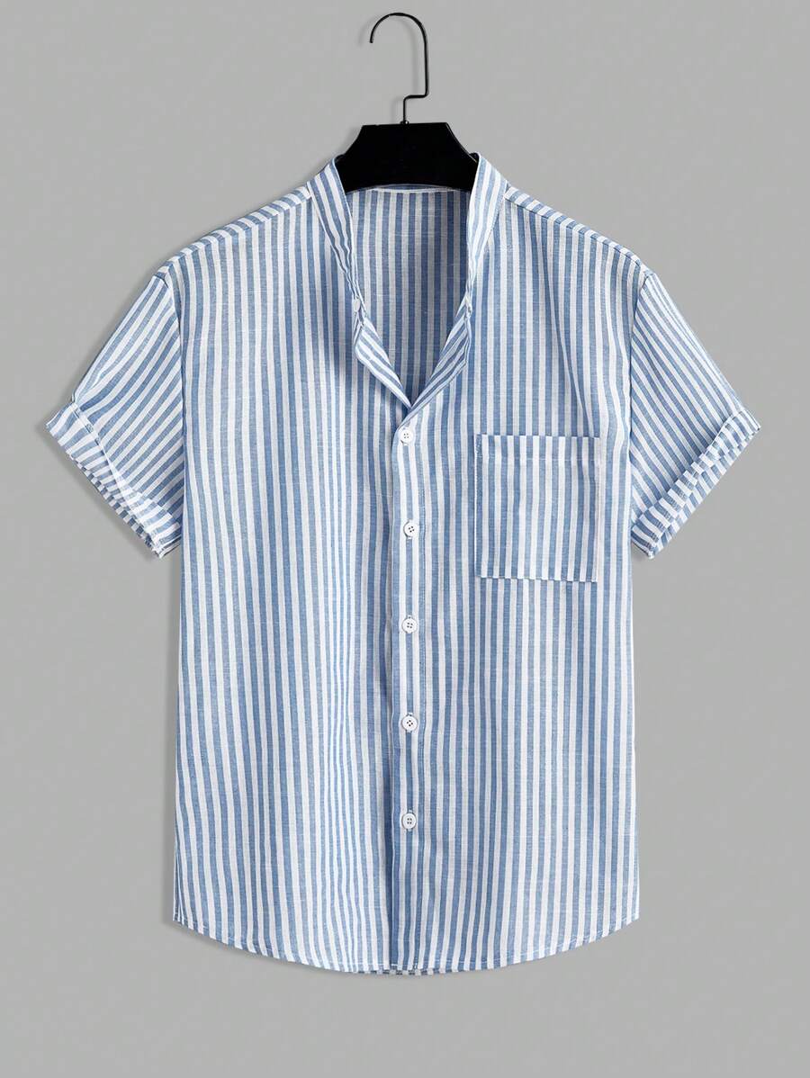 Manfinity RelaxMax Men's Stripe Printed Patch Pocket Front Button Casual Short Sleeve Shirt - Blue - View 1