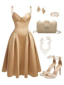 Poshira Women Elegant Solid Color Cinched Waist Spaghetti Strap Party Dress, Prom Dress - Khaki - View 1