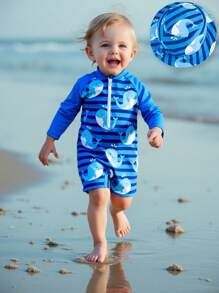 Newborn Baby Blue Striped Whale Print Swimsuit Set, UV-Protection One-Piece Baby Beach Clothes Boy Baby Boy Clothes Beach Beach Clothes For Boys Baby Beach Wear Baby Beach Clothes