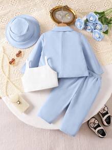 SHEIN Conjunto informal de 3 piezas para niña que incluye blazer de unicolor, camisa de manga larga, camisola y pantalones con sombrero - Azul y blanco - Ver 2