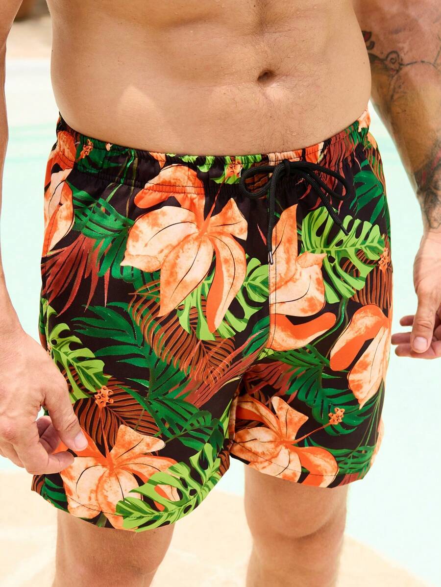 Surfspeed Men's Tropical Print Drawstring Waist Beach Shorts, Summer