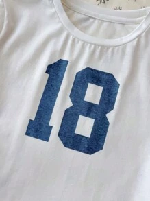 SHEIN Teen Girl White Solid Color Knitted Basic Casual Digital Print Round Neck Short Sleeve Fitted T-Shirt And Blue And White Striped Woven Waistband Woven Label Shorts Set Of Two, Suitable For Spring And Summer, Basic Style, Daily Style, Home Style, Versatile Style, Back To School Season Style, Pure Cotton, Details Elastic Waist Shorts, Home Leisure, Spring And Summer Style, Travel Style, Personalized Versatile, Clean Girl - Blue and White - View 4